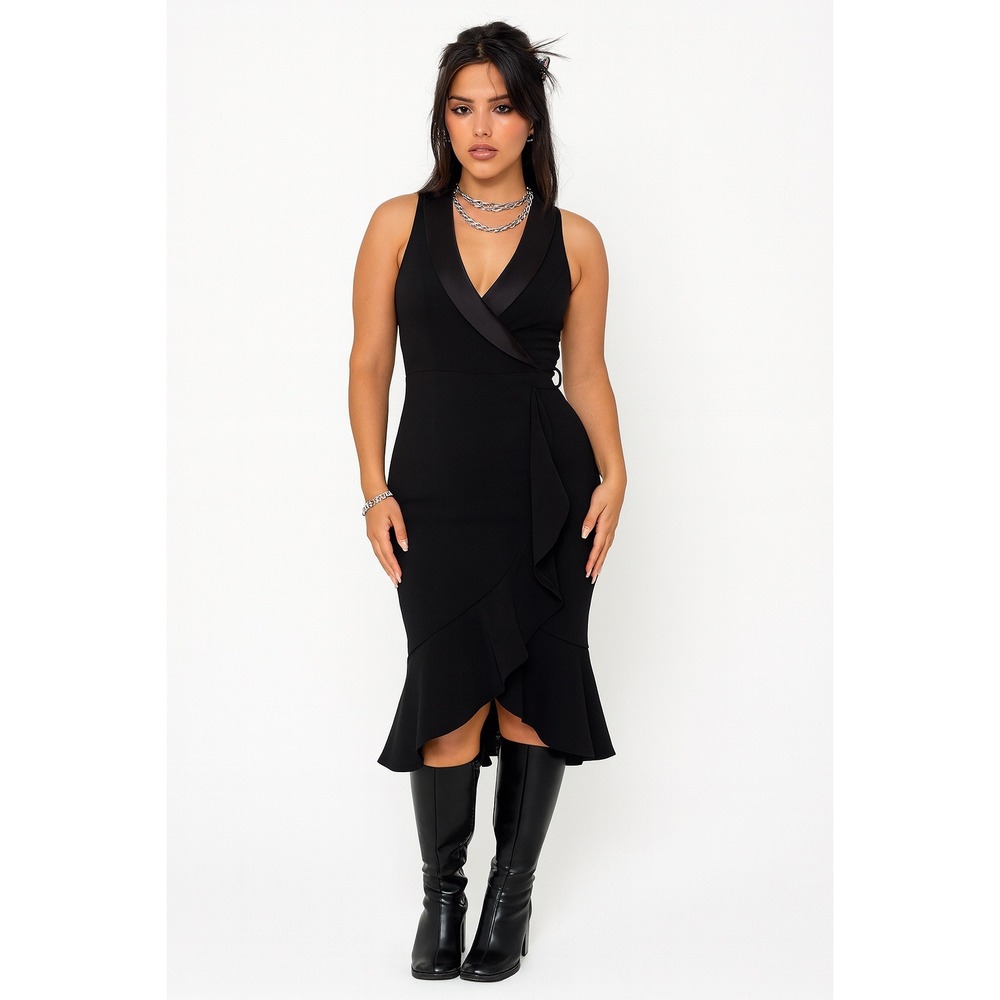 Xscape Evenings Scuba Tuxedo Top Ruffle Dress Vintage Size‎ 10 Black Sleeveless